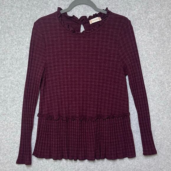 Altar'd State Tunic Blouse Size L Maroon Peplum Hem Checkered Knit Boho Top A&M - Picture 7 of 11